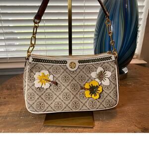 Authentic Tory Burch T Monogram Braid Floral Jacquard Shoulder Bag-Hazelnut